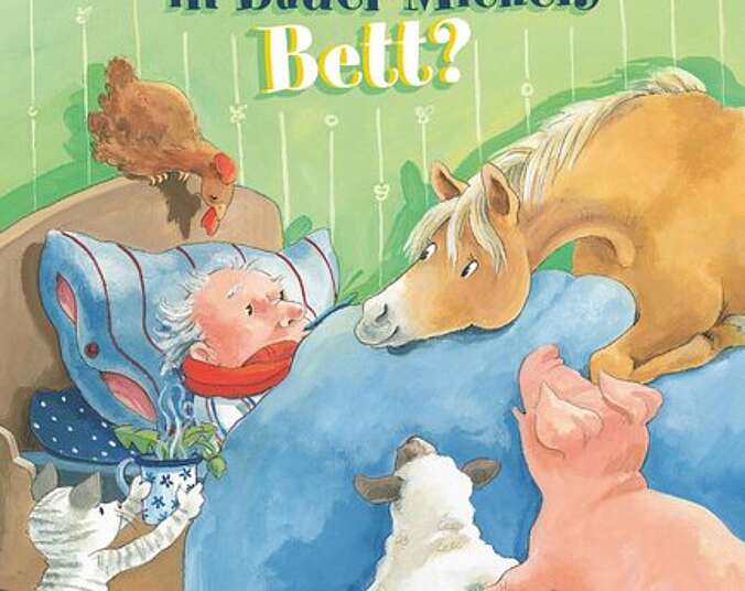 Bauer Michel liegt krank im Bett während seine Tiere sich um ihn kümmern.