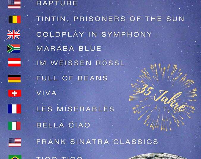 Plakathintergrund mittelblau, unten rechts ein Teil der Erdkugel aus dem Weltall, darüber feuerwerkartig die Zahl 35. Linksbündig untereinander elf Nationalflaggen von den USA über Frankreich, die Schweiz Deutschland bis Brasilien mit eintsprechenden Künstler- und Musiktiteln.