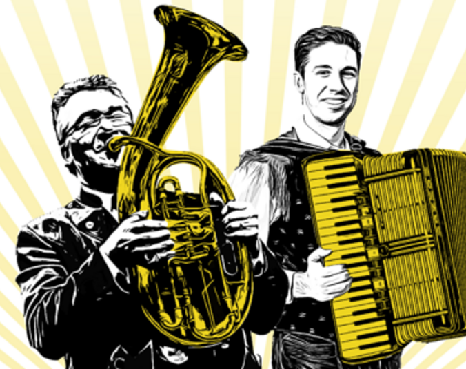 Illustration: Älterer Mann spielt Horn, rechts danben jüngerer Mann mit Akkordeon, beide tragen Trachten. Hintergrund gelb-weiße Strahlen.