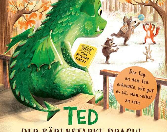 Ein trauriger grüner Drache sieht mehreren Tierkindern beim Spielen zu.