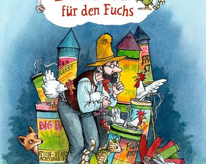 Pettersson, Findus und die Hühner mit sehr vielen Feuerwerkskörpern.