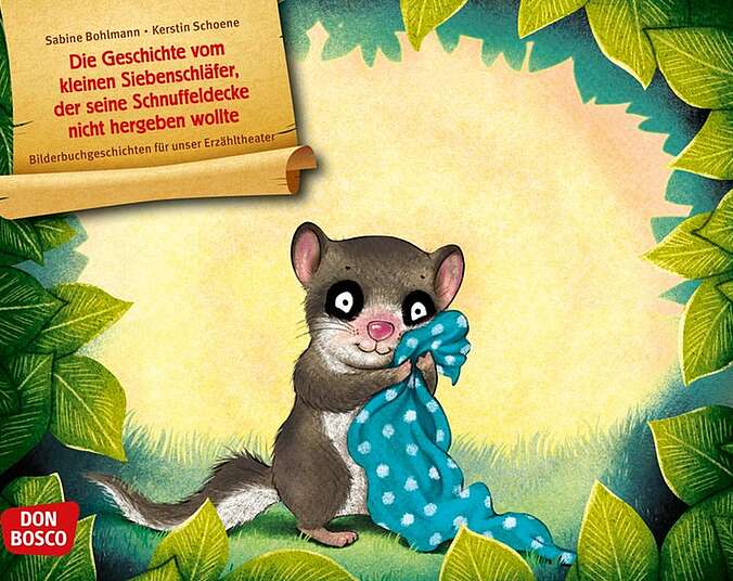 Der kleine Siebenschläfer umarmt seine Schnuffeldecke.