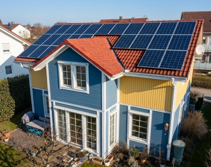 Haus mit Photovoltaikanlage auf dem Dach. (Foto: Simone Traub)