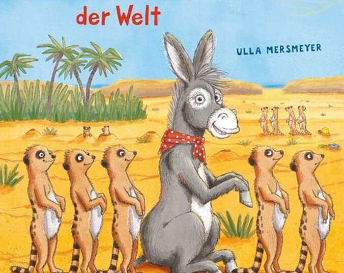 Eselin Evelyn in der Wüste bei einer Schaar Erdmännchen.