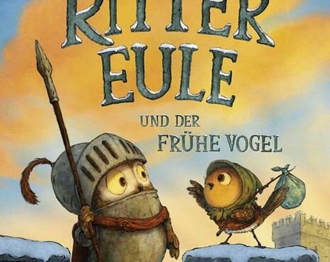 Eine Eule in Rüstung und ein kleiner Vogel auf einer Burgmauer