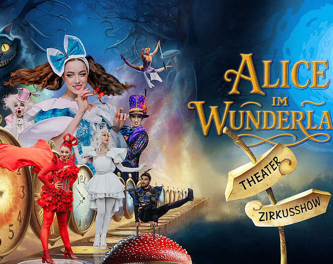 Bildmontage: Eine junge Frau mit gelockten Zöpfen in hellblauem Kleid, eine Frau in komplett in Rot gestaltetem Kostüm, ein Akrobatikkünstler auf einem roten Pilzhut, eine Trapzkünstlerin, als Grafiken der Kopf einer schwarze Katze und eine Taschenuhr.