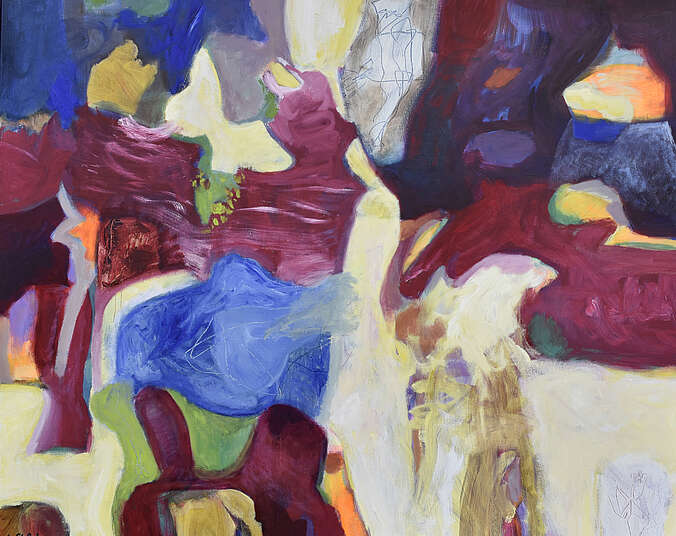 Abstraktes Gemälde bestehend aus kleineren Farbflächen in Blau, Bordeaux, Hellgelb und anderen Farben