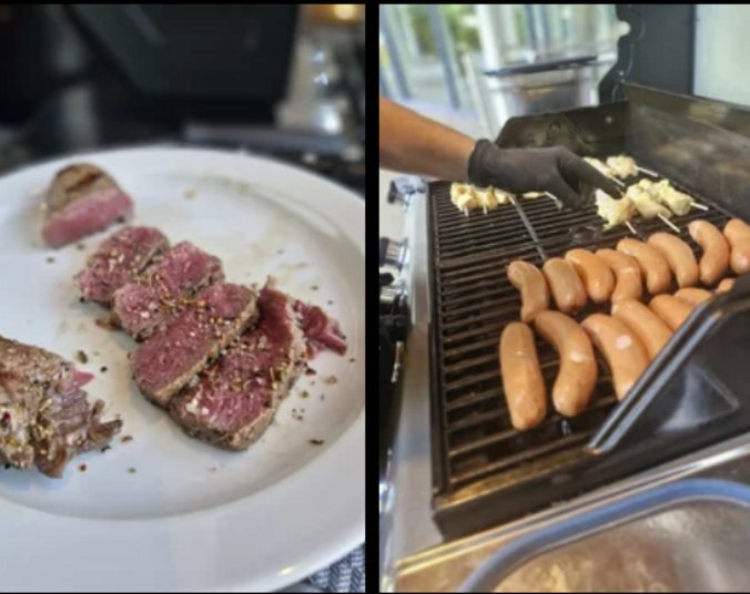 Bild links zeigt ein gegrilltes Stück Fleisch, in rosige Scheiben aufgeschnitten auf einem Teller. Bild rechts zeigt einen Gasgrill, auf dem Hähnchenspieße und Würstchen liegen.