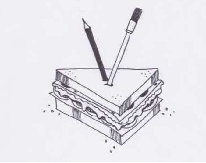 Grafik: Sandwich mit Stift und Pinsel. (Grafik: Joachim Landkammer)