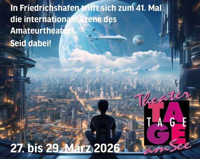 Plakat für Theatertage am See mit Silhouette einer Person vor Stadtansicht