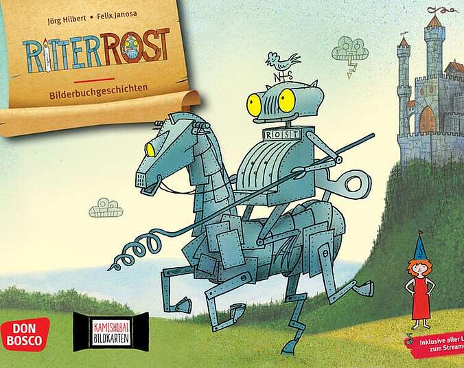 Ritter Rost hoch zu Ross vor einer Burg und im Hintergrund Burgfräulein Bö.