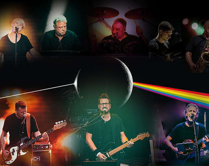 Bildcollage, Bildanordnung strahelnförmig aus der Mitte: Acht Musikerinnen und Musiker mit ihren Instrumenten oder singend.