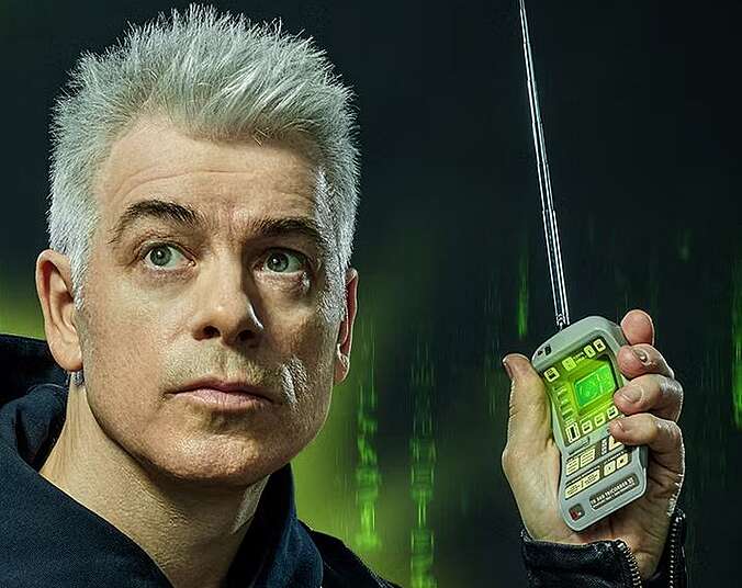 Ein Mann mit kurzen grauen und nach oben gegelten Haaren trägt einen dunkelblauen Kapuzenpulli und hält ein grün leuchtendes Walkie-Talkie in der Hand.