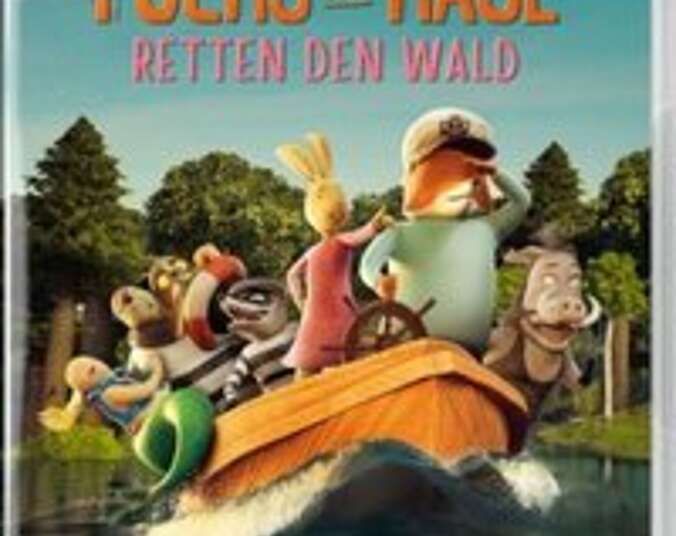 Fuchs und Hase mit anderen Tieren fahren auf einem Boot.