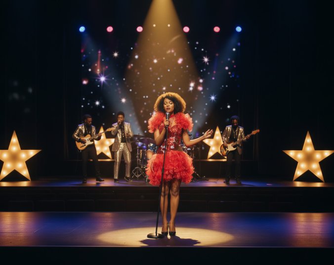 Eine junge Frau afroamerikanischer Abstammung mit voluminösem Lockenkopf in einem roten Cocktail-Kleid auf einer Bühne. Im Hintergrund drei männliche Musiker in Goldanzügn. Auf der Bühne stehen drei Leuchtsterne, im Hintergrund projezierte Glitzersterne.