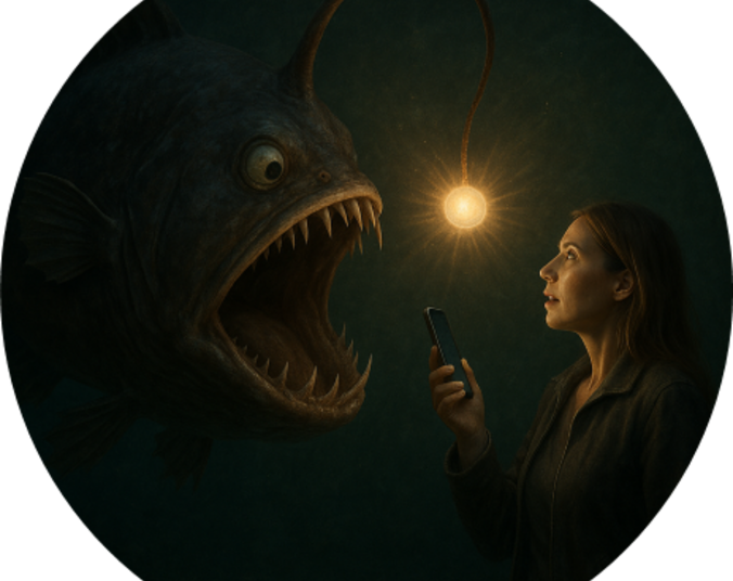 Frau macht Spracheingabe mit Handy bei großem Fisch mit aufgerissenem Maul.(Foto: mit KI erstellt)