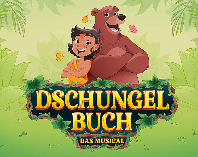 Das Bild hat einen grünen Dschungel Hintergrund. Im Vordergrund steht der Schriftzug Dschungel Buch in Gold. Darüber ist ein Bär und ein Kind.