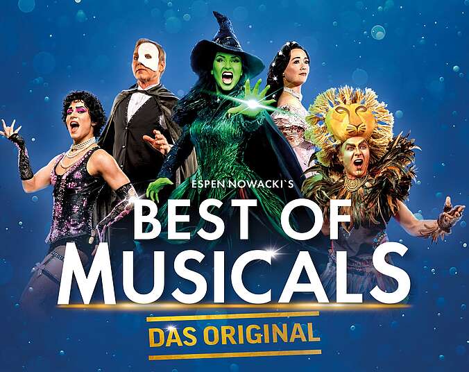 Fünf Musical-Darsteller jeweils im Kostüm eines bekannten Musicals wie Das Phantom der Oper, König der Löwen, Cher und Wicked.