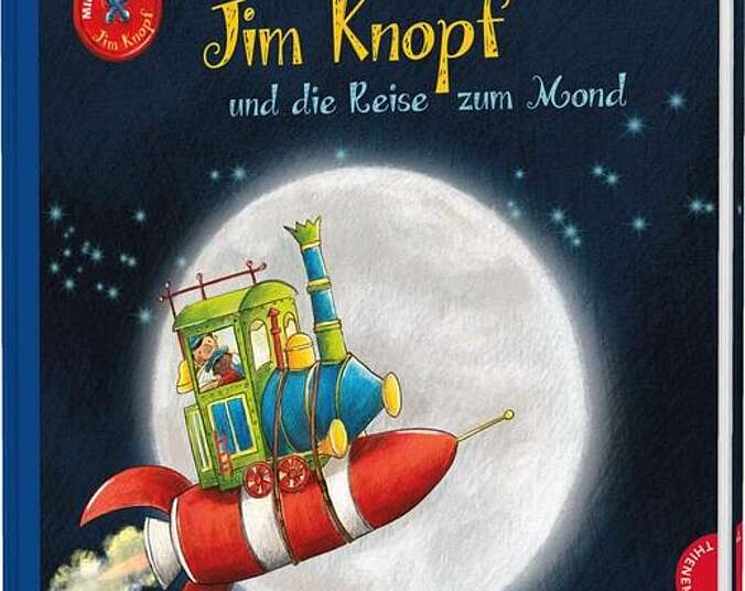 Jim Knopf, Lukas der Lokomotivführer und die Lokomotive Emma auf einer Rakete.